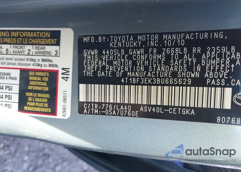 2011 Toyota Camry Xle z USA, uszkodzony, nr VIN 4T1BF3EK3BU665629
